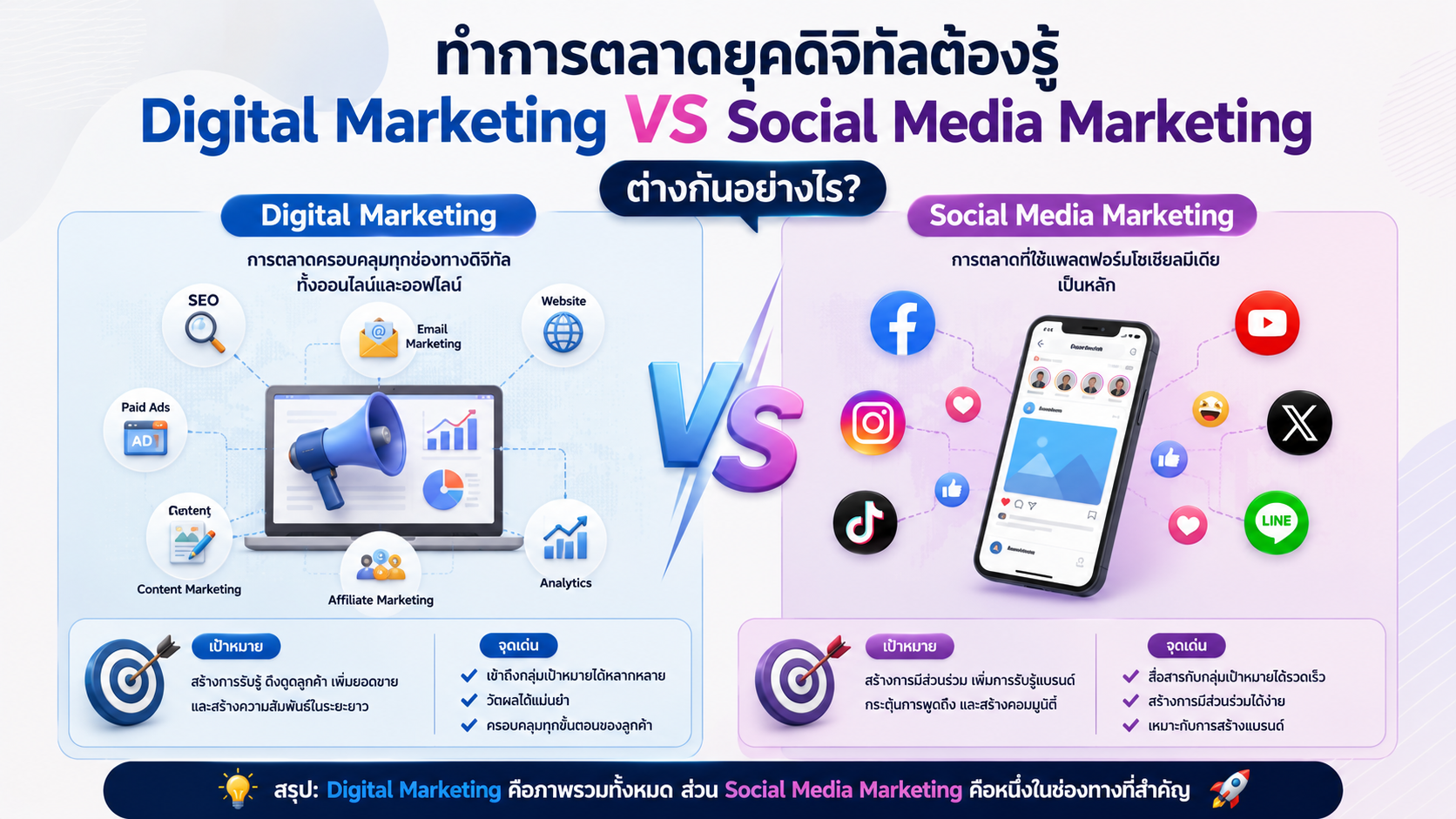 ทำการตลาดยุคดิจิทัลต้องรู้ Digital Marketing VS Social Media Marketing