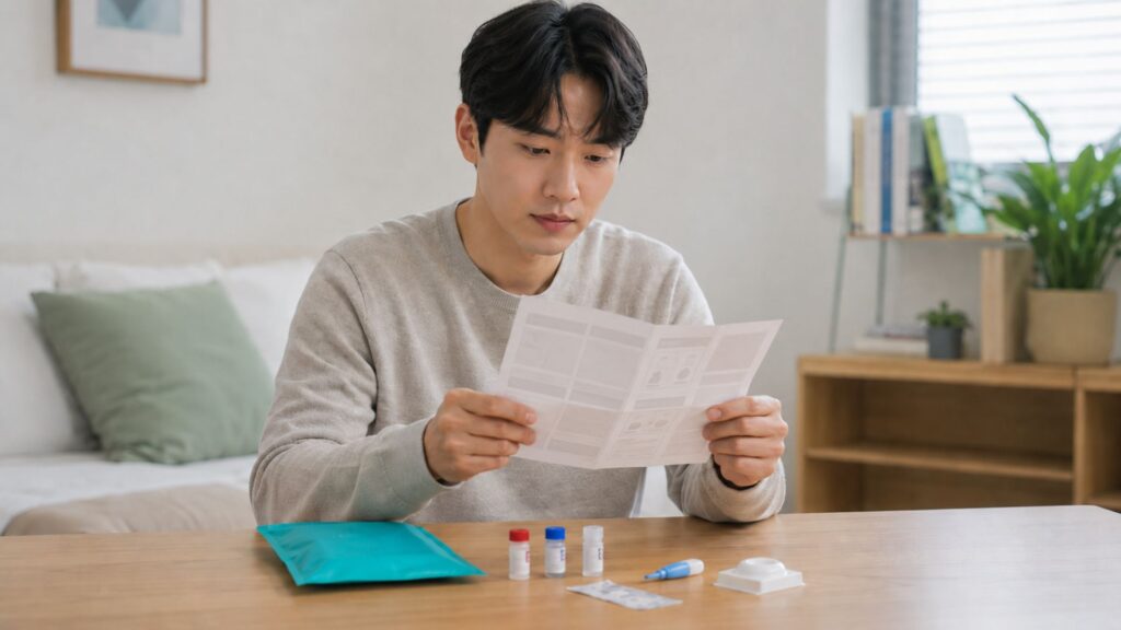 ชายเอเชียกำลังอ่านคู่มือการใช้ชุดตรวจ HIV ด้วยตนเอง โดยมีอุปกรณ์ตรวจวางเรียงอยู่บนโต๊ะ