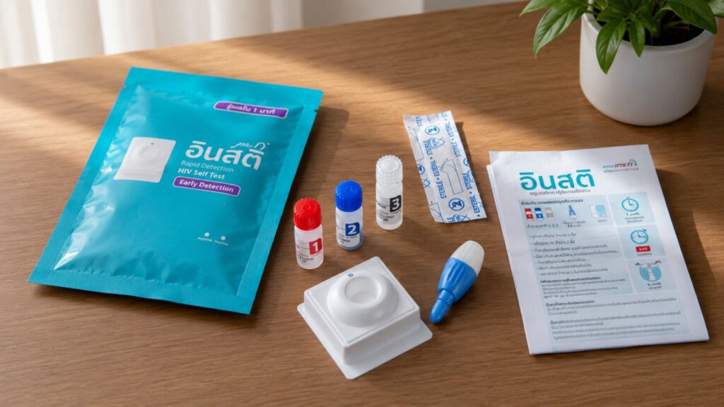 ชุดตรวจ HIV ด้วยตนเอง INSTI พร้อมอุปกรณ์ น้ำยาหมายเลข 1–3 คู่มือการตรวจวางบนโต๊ะไม้